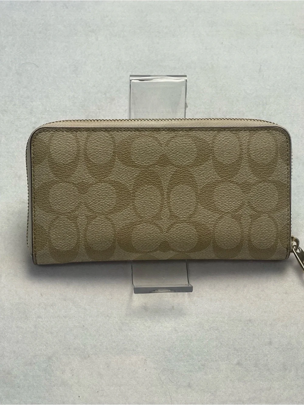 Coach Signature Zip-Around Wallet in Beige and Light Brown with Gold Hardware